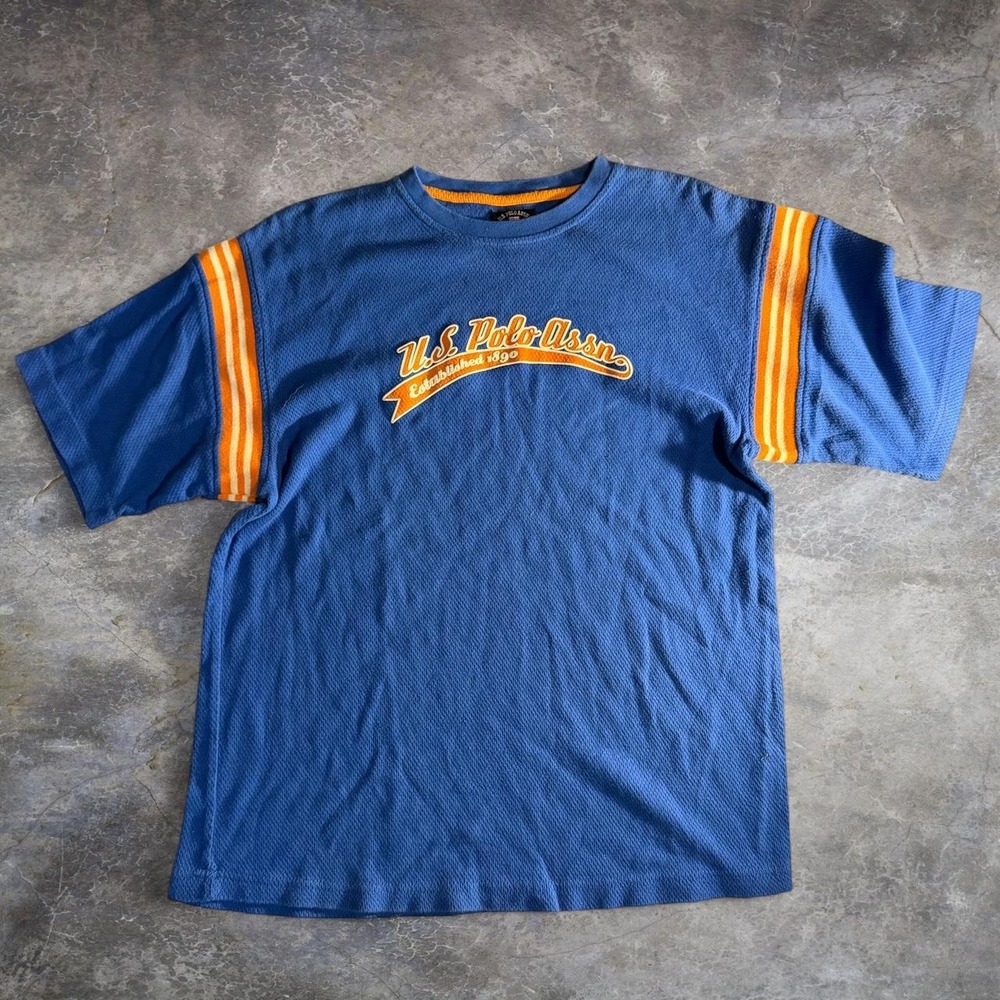 U.S. Polo Assn Blue Athletic Mesh T Shirt XL Orange Varsity Striped Sleeve Logo